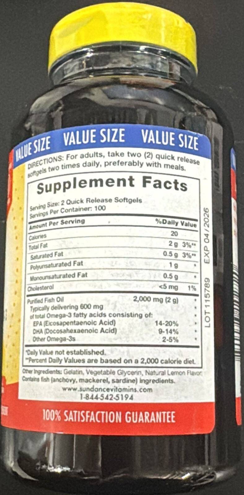Fish Oil, Natural Lemon, 1,000 mg, 200 Quick Release Softgels EXP.01/2026+ (O6)