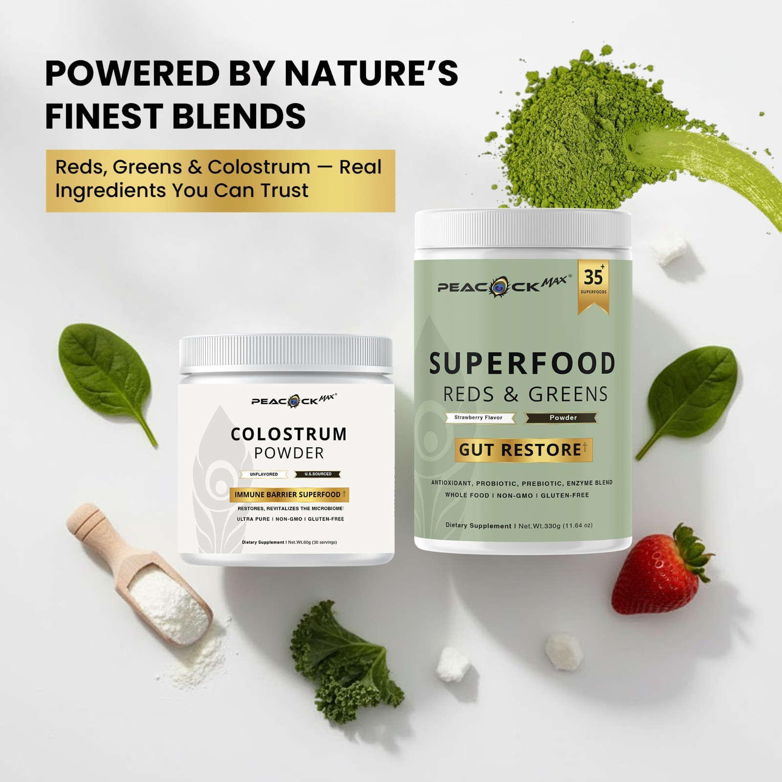 peacock max Superfood Reds & Greens 11.64 oz & Colostrum Powder 60g