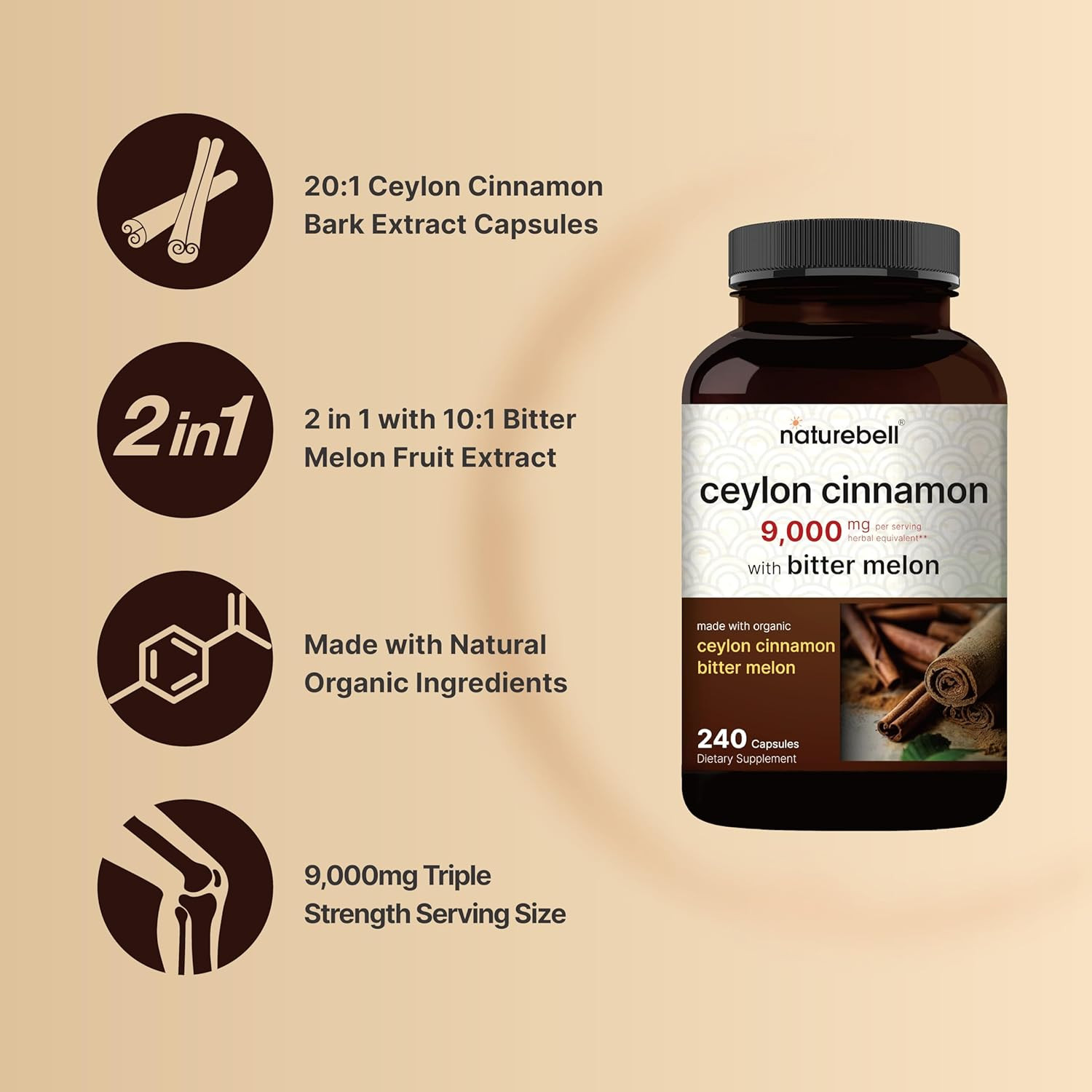 NatureBell Ceylon Cinnamon 9,000mg, Organic with Bitter Melon Non-GMO, 240 Count