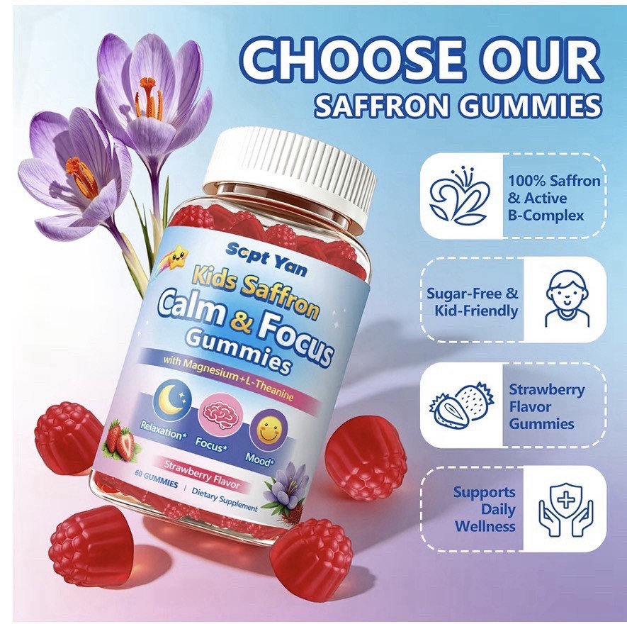 Scpt Yan Kids Saffron Calm & Focus Gummies Strawberry 60 Count Sugar-Free Vegan