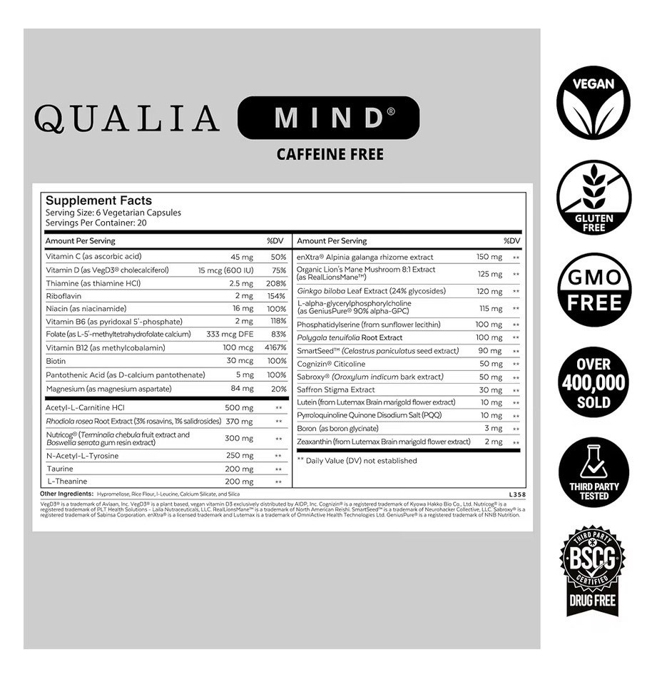 Qualia Mind Caffeine Free Focus Memory Ultimate Blend For Brain Health 120 Caps
