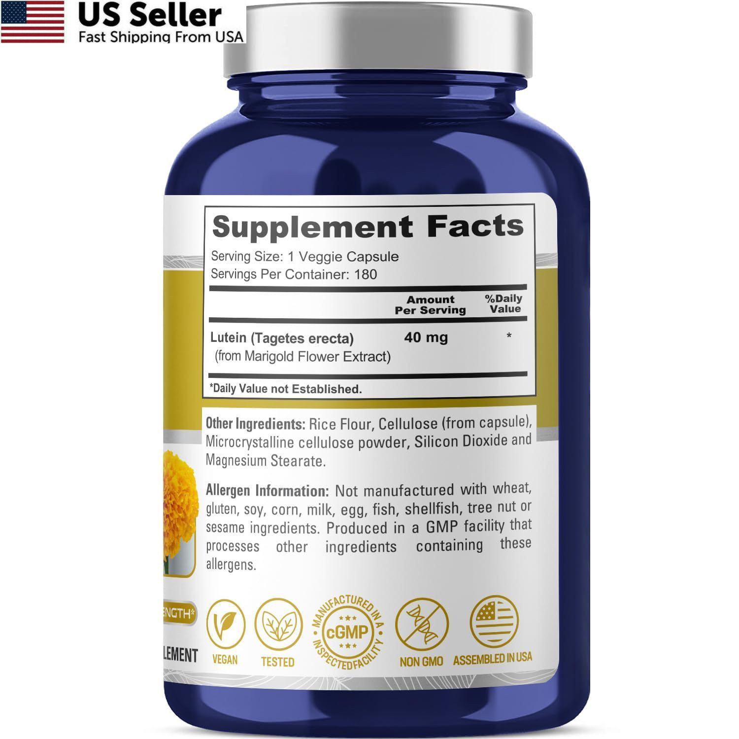 NusasPure Lutein – Suitable for Vegetarian/Vegan, Non – 180 Count (Pack of 1)