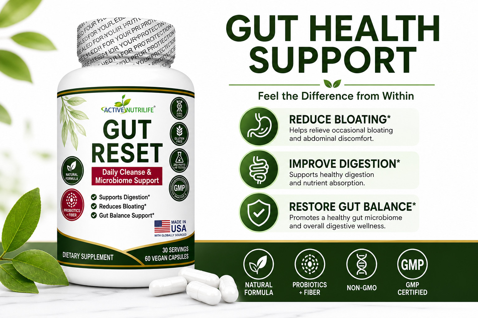 Gut Reset Probiotics Fiber Capsules for Digestion Bloating Relief 60ct