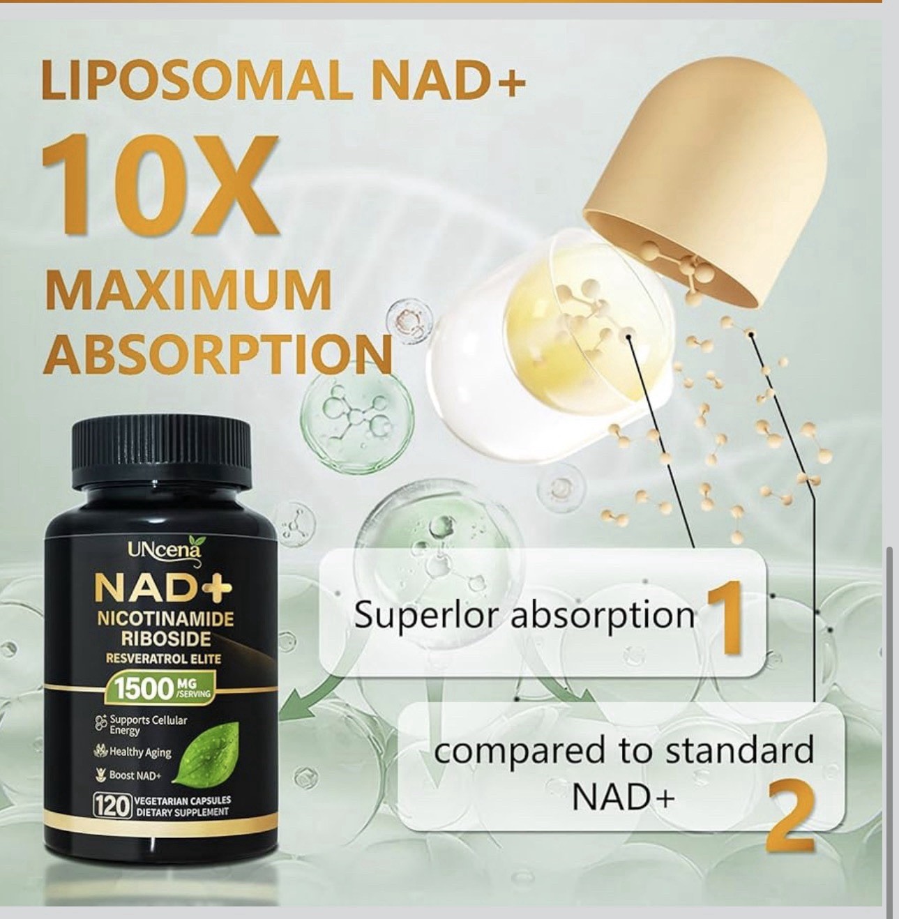 UNcena NAD+ Nicotinamide Riboside + Trans-Resveratrol 1500mg 120 Ct