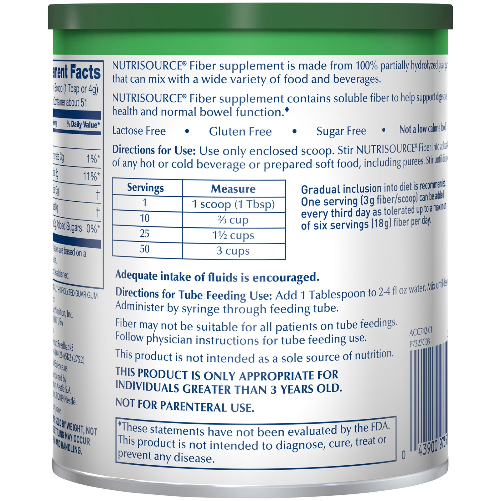 4x Nestle Nutrisource Fiber Supplement Unflavored 7.2 Oz. Canister