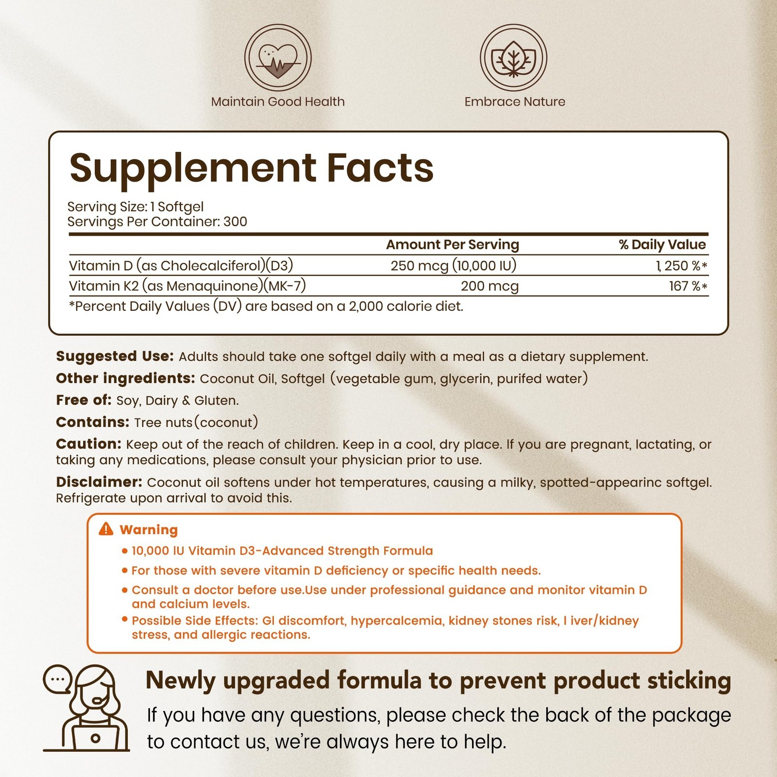 HOT-VEV Corefeel Vitamin D3 K2 10,000 IU, 200 mcg 300 Count (Pack of 1), White
