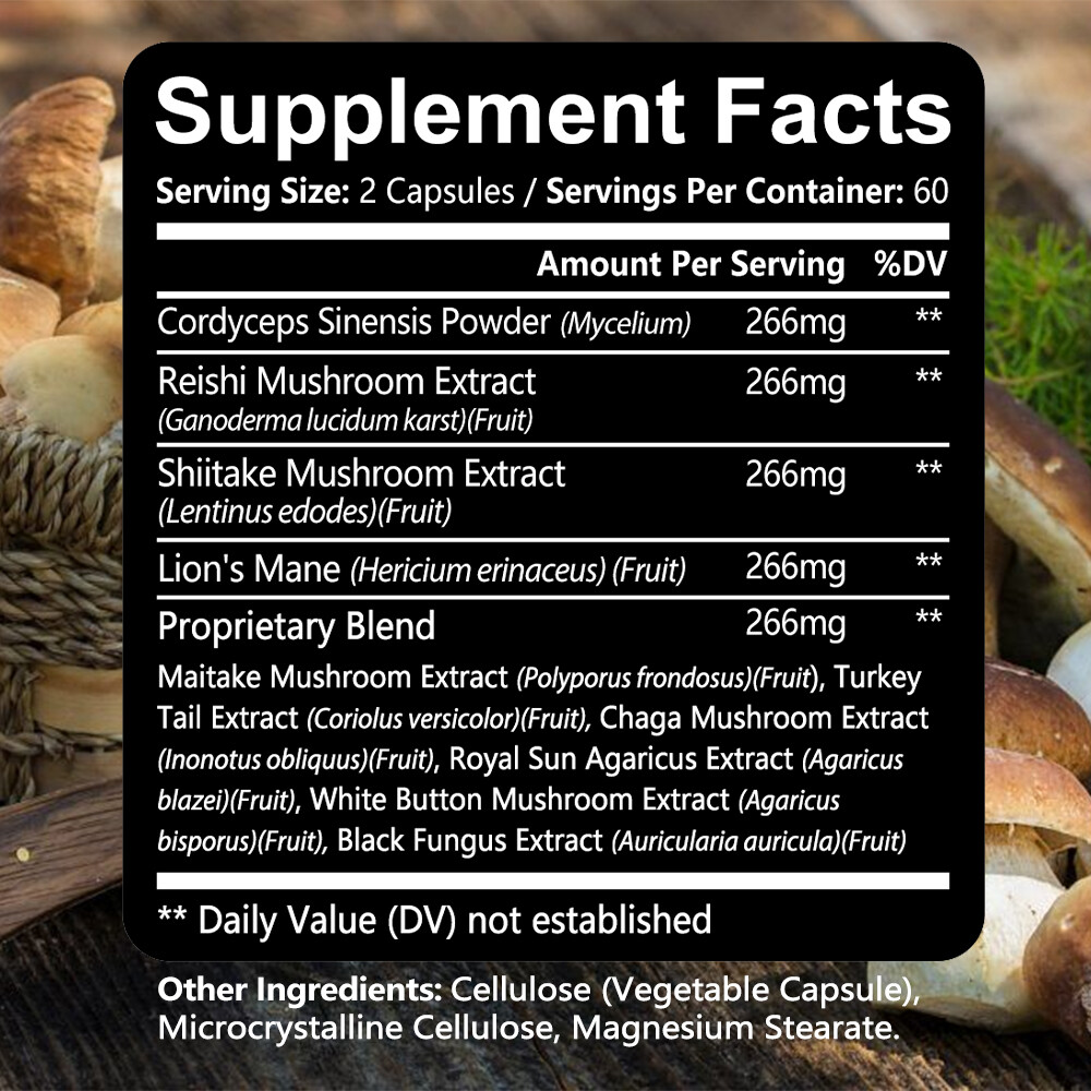10x Mushroom Complex Supplement, Lions Mane, Reishi, Shiitake, Immune Capsule