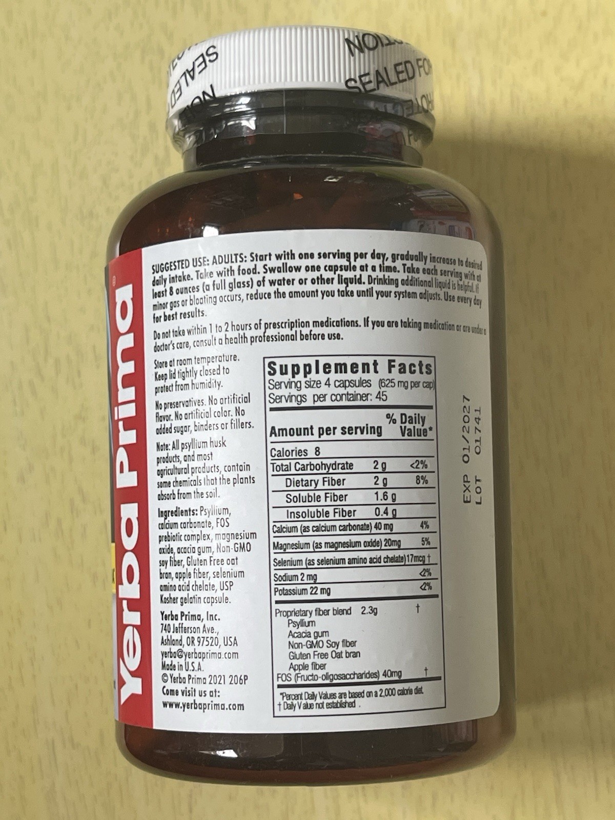 Yerba Prima Prebiotic Colon Care Fiber 180 Capsules Digestive/Colon GF JAN2027
