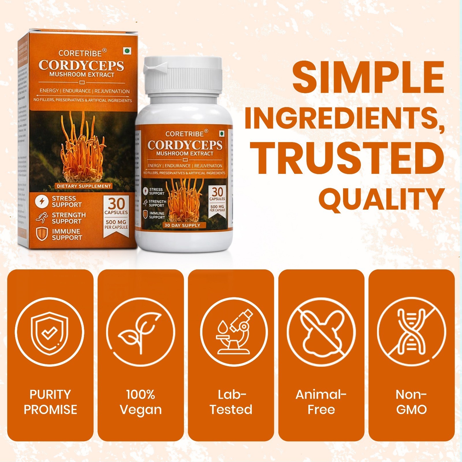 Coretribe® Cordyceps Militaris Mushroom 30 Capsules Strength,Focus, Superfood