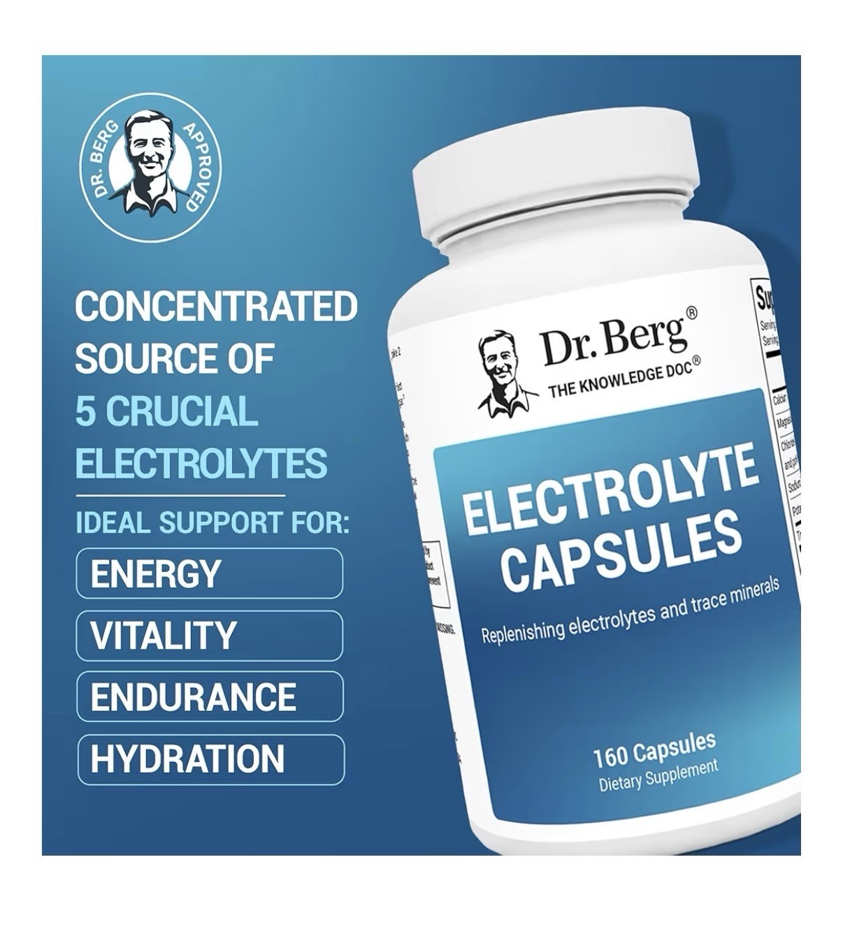 Dr. Berg Electrolyte Capsules Supplement Energy Endurance Hydration 160 Capsules