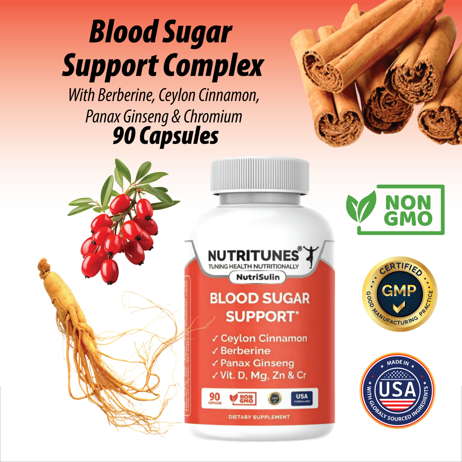 Blood Sugar Support Supplement NutriSulin – Berberine Cinnamon Ginseng & more