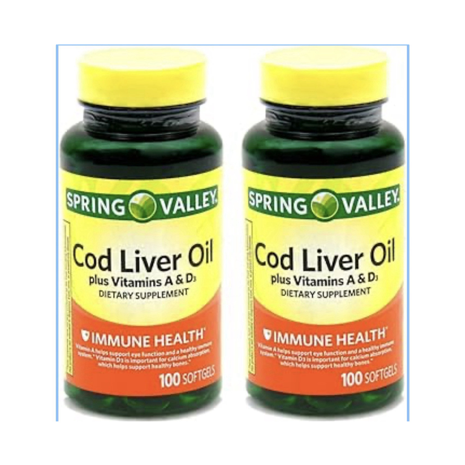 Spring Valley Cod Liver Oil + Vitamins A & D3 Softgels, 100 Count (2 Bottles)