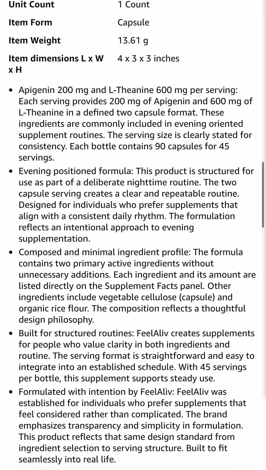 feel aliv Apigenin + L-Theanine 800mg Caps 90ct Vegan Non-GMO Gluten-Free