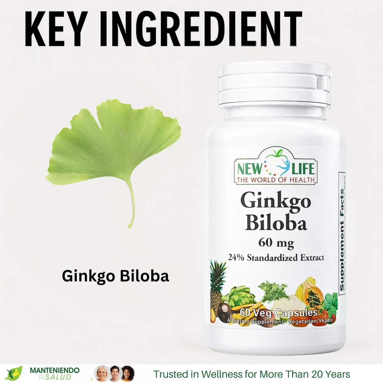 New Life Ginkgo Biloba 60mg, Cognitive Support, 60 Veg Capsules