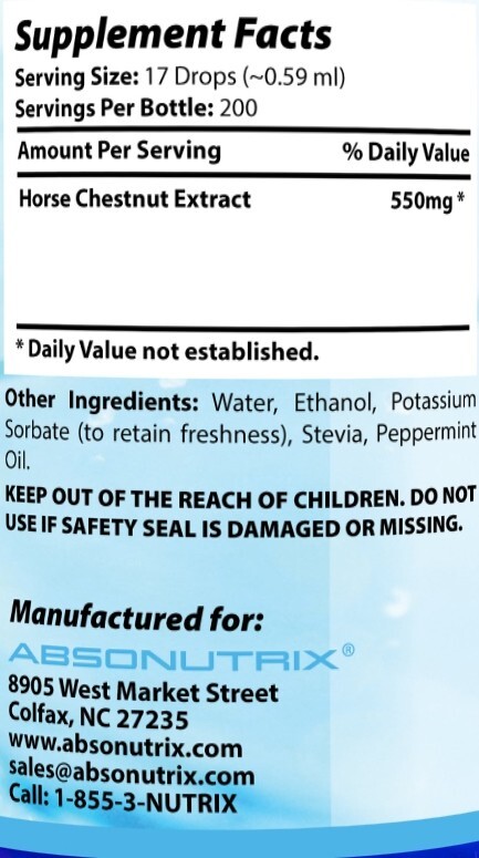 Absonutrix 4 fl oz 550mg HorseChestnut all natural vein vascular health