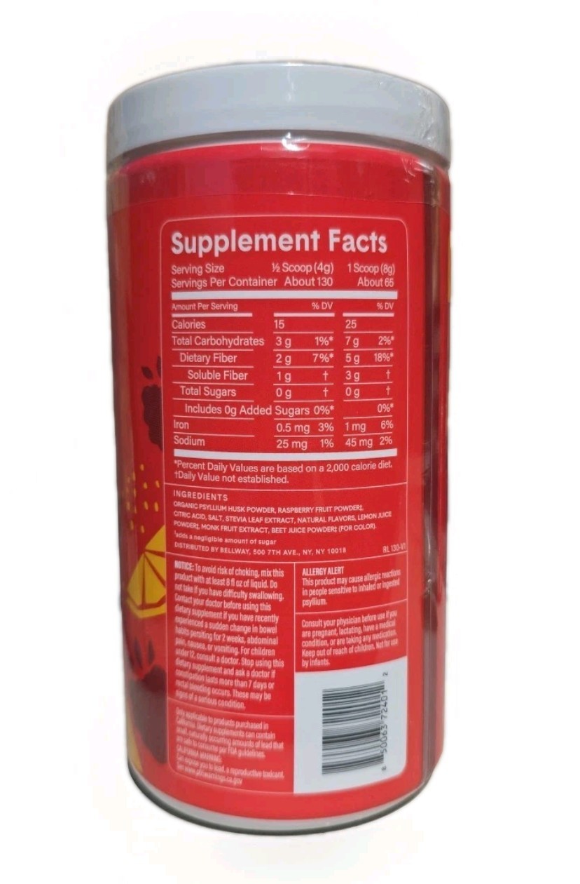 Bellway Super Fiber + Fruit Psyllium Raspberry Lemon 18oz (4 Pack) BB: 9/2026