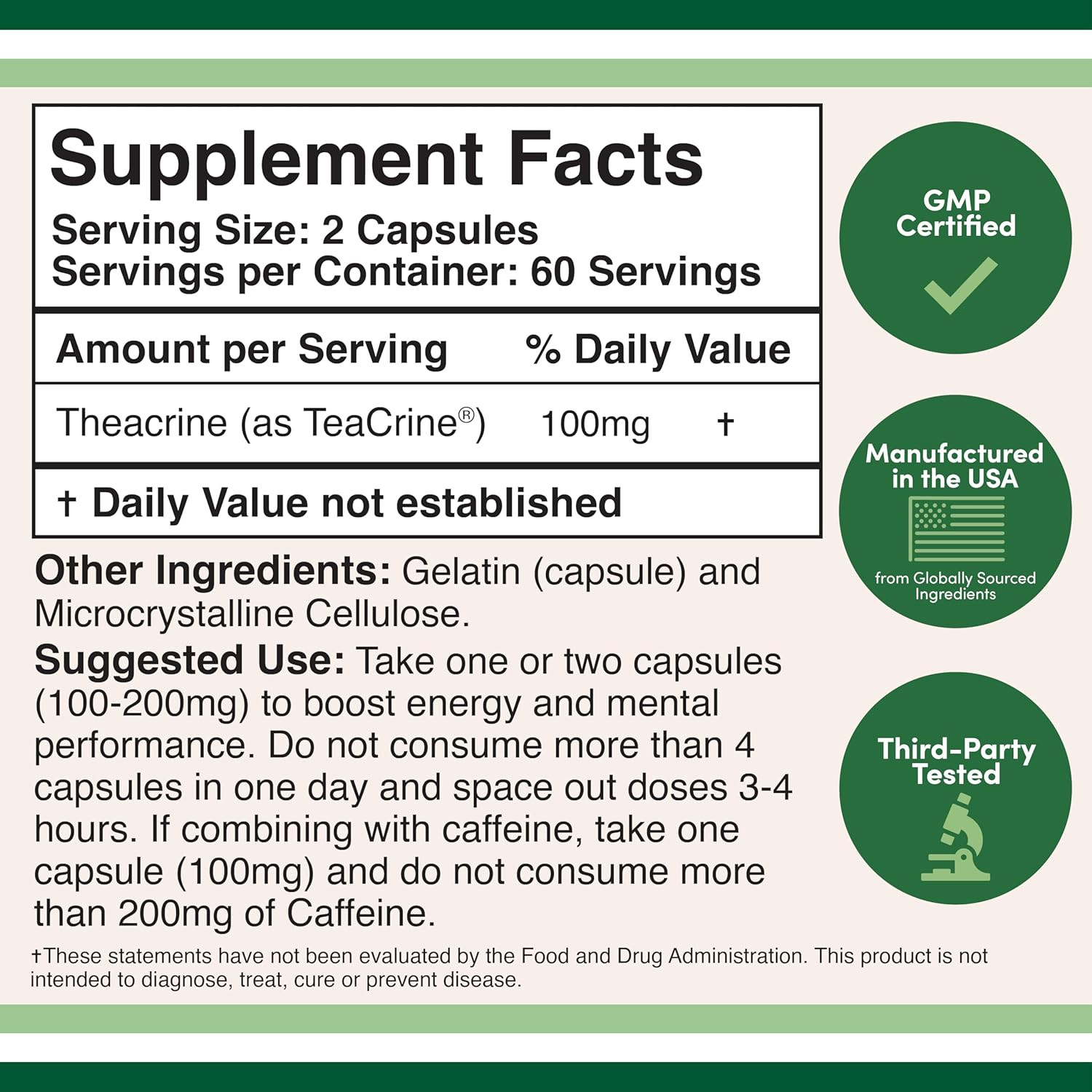 Theacrine (Teacrine) 100 Mg, 60 Capsules – Energy and Focus Supplement (Similar