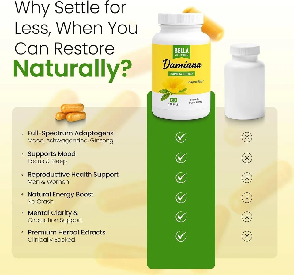 Bella All Natural Damiana Leaves Dietary Supplement,60ct Free shipping