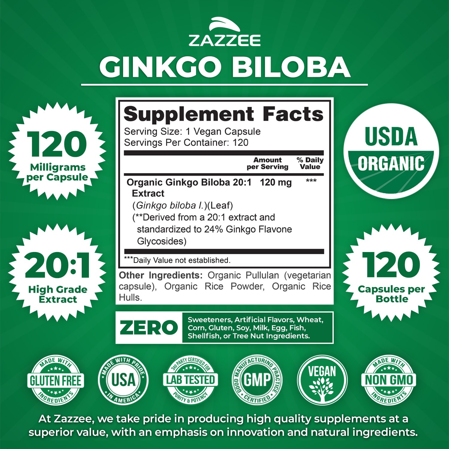 Zazzee USDA Organic Ginkgo Biloba Capsules