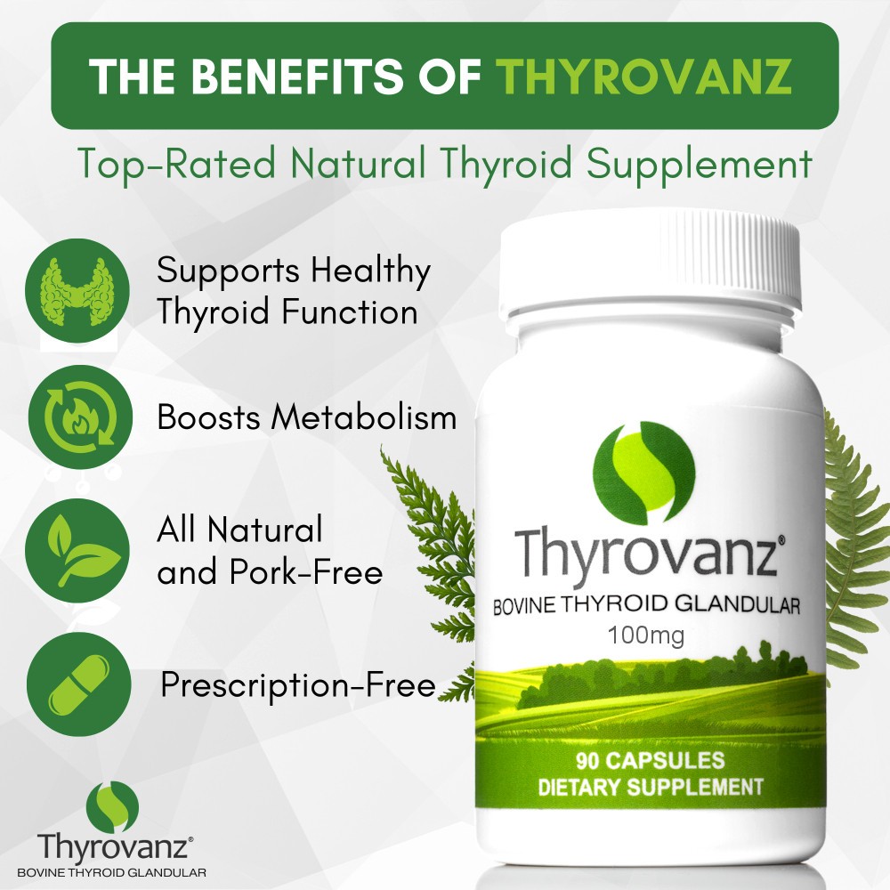 Thyrovanz 100mg Thyroid Support Supplement Thyroid Glandular Bovine 90 Capsules