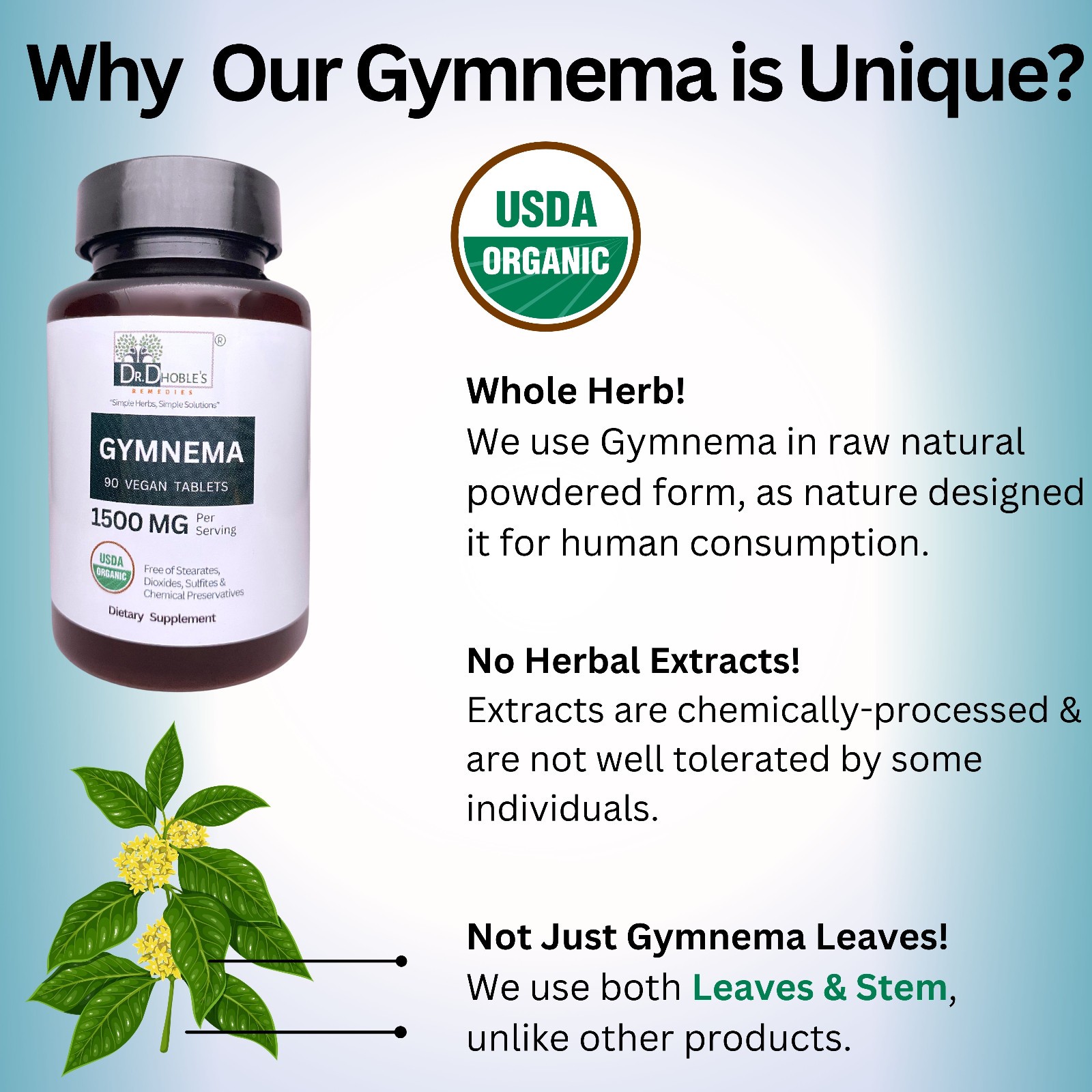 Gymnema Sylvestre, USDA Organic 1500mg Non-GMO, Made With Nature’s Glue 90 Tabs