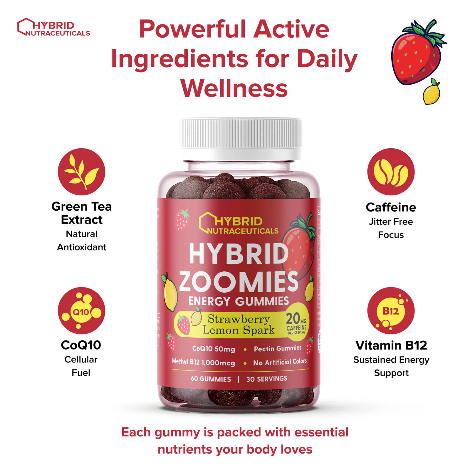 Hybrid Zoomies Energy Gummies 1000 mcg B12, 20 mg Caffeine and 50 mg of CoQ10