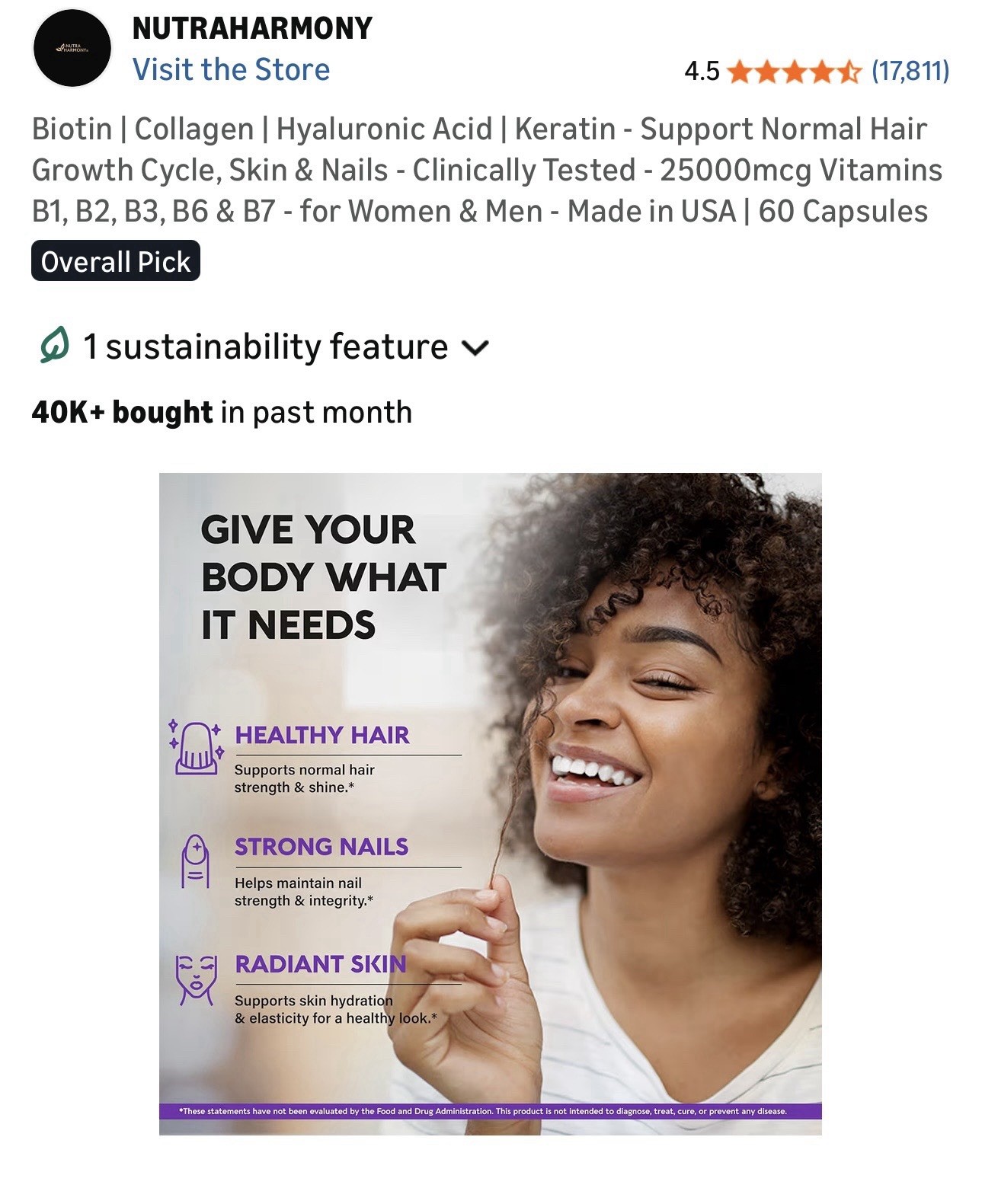 NutraHarmony Biotin Collagen Keratin Hyaluronic Acid 25000mcg 60 Capsules
