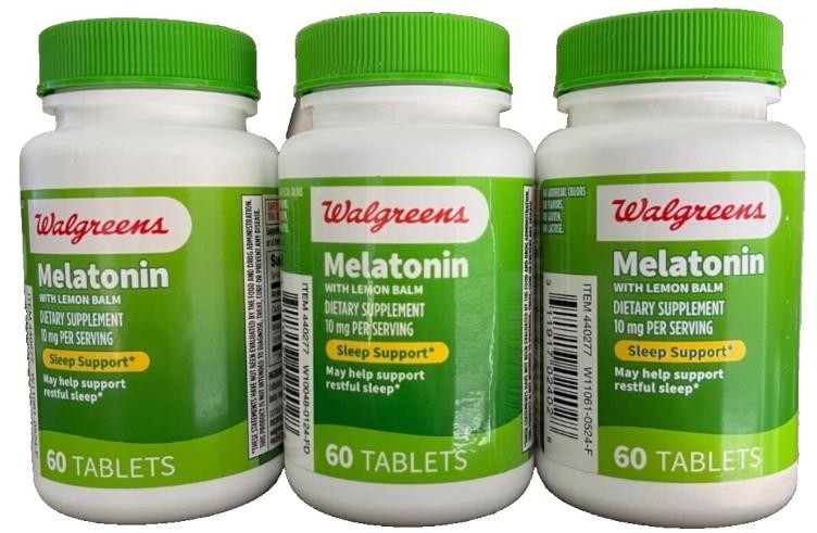 3 NEW WALGREENS MELATONIN WITH LEMON BALM 10 MG 60 TABLETS EACH SLEEP SUPPORT