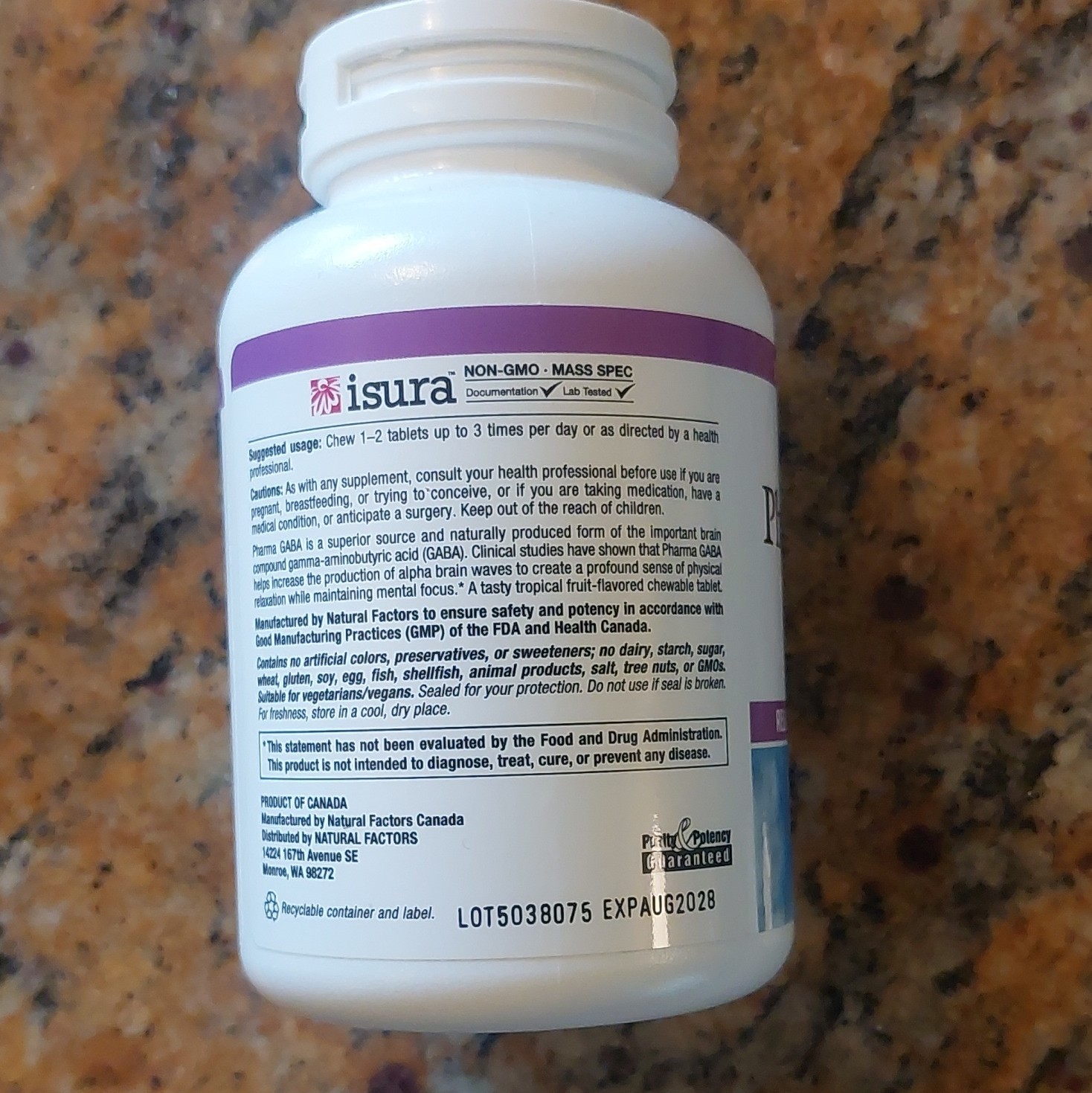 Natural Factors Stress-Relax Pharma GABA 100mg Non-GMO Vegan 40 Chewable Tablets