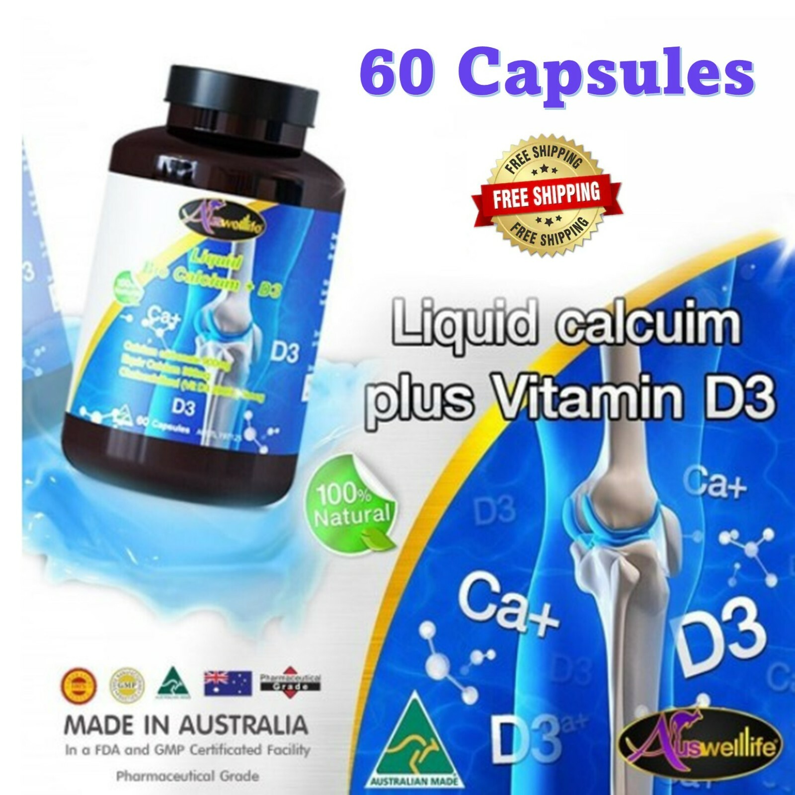 AUSWELLLIFE Calcium Plus Liquid 900 mg Vitamin D3 Increase Calcium 60 Caps