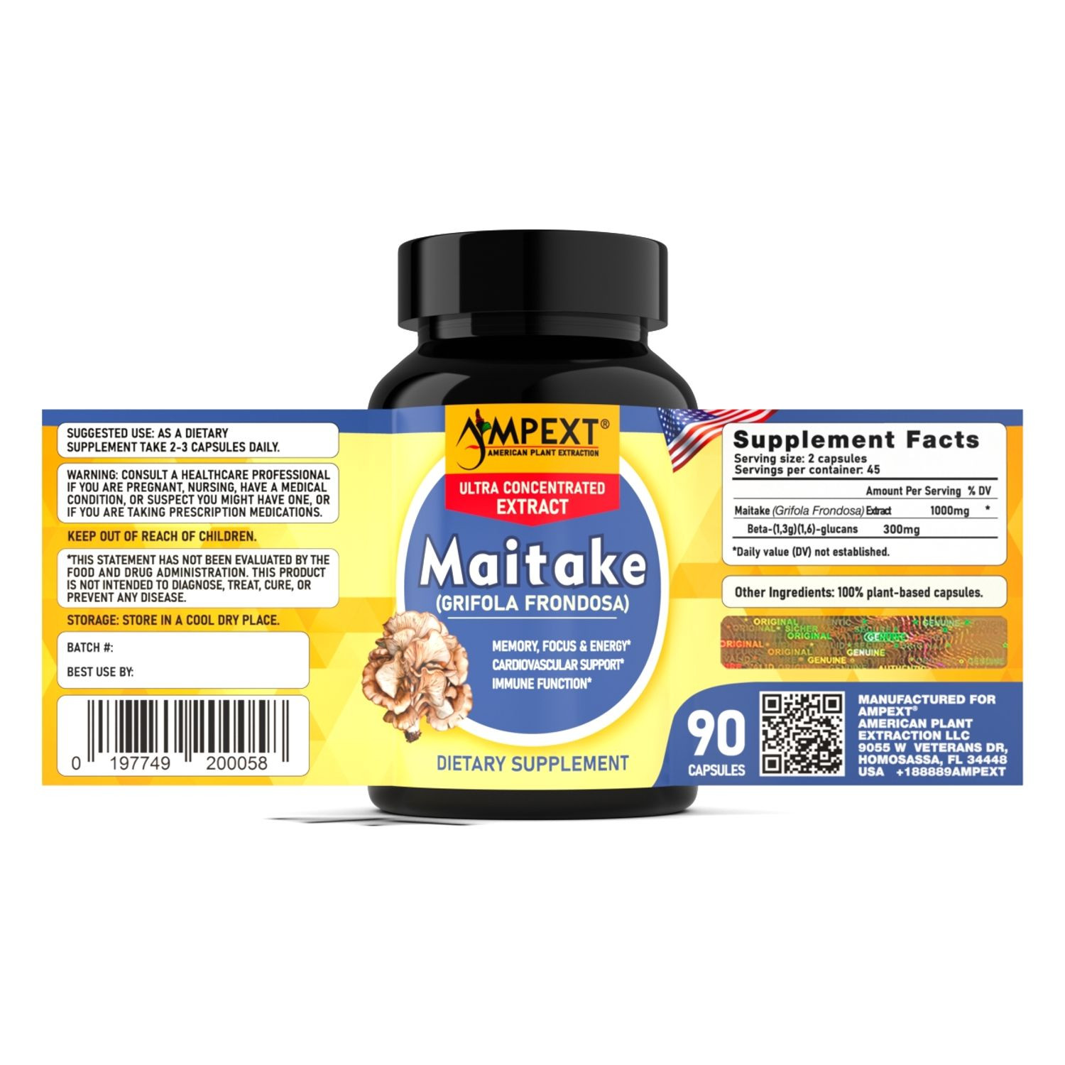 Maitake Extract – Only Fruiting Bodies, Over 30% Beta-Glucans, 90 caps