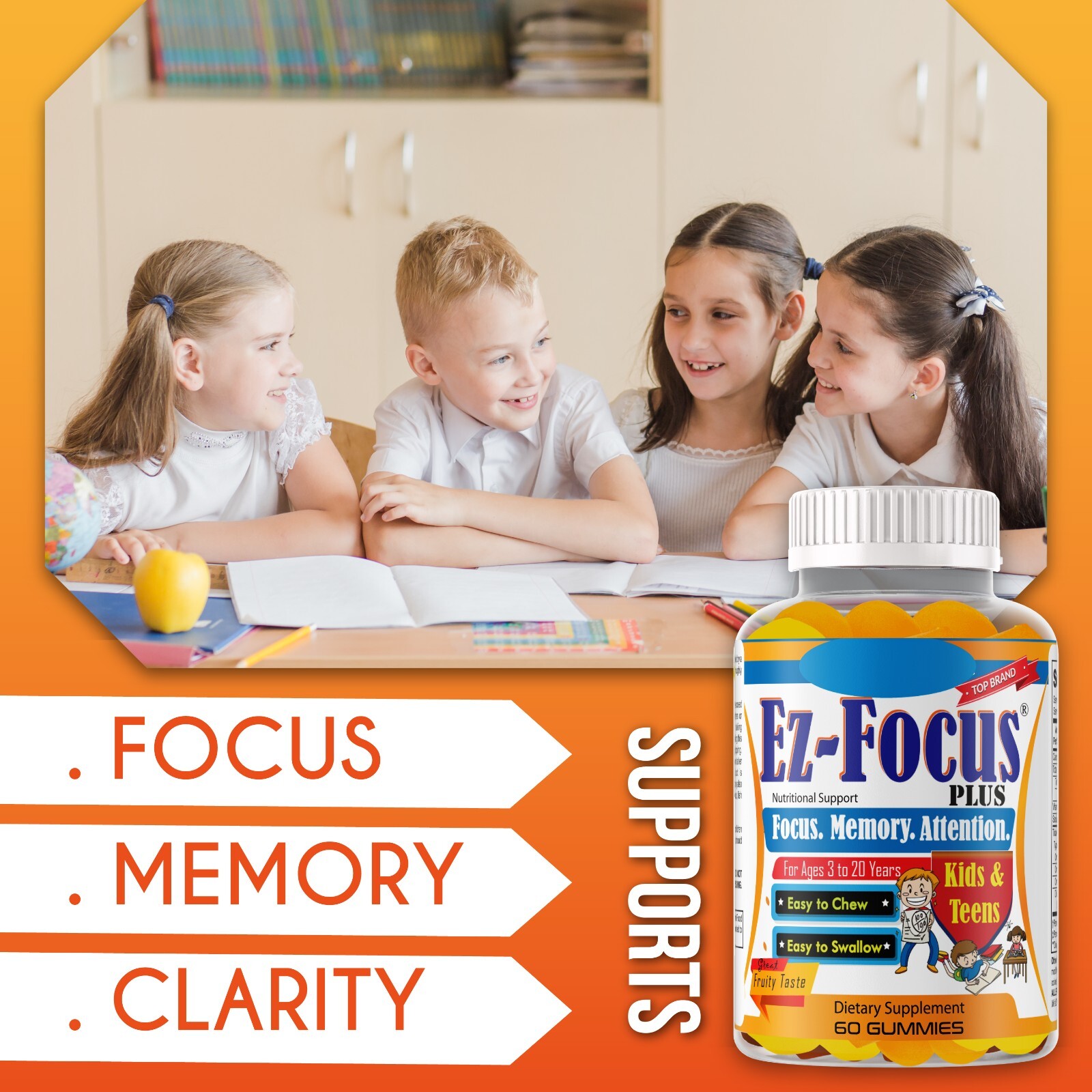 Kids Brain Focus Gummies, Brain Booster Supplement For Kids Omega 3 6 9-10/12/25
