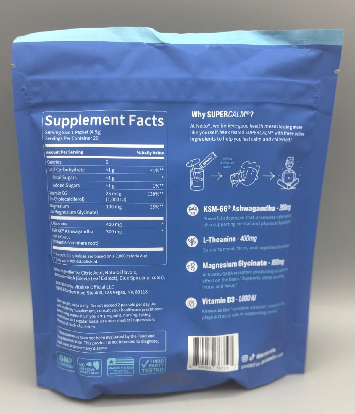 Nello SuperCalm Calming Drink Mix Relaxation & Focus Blue Coconut 20 Packets