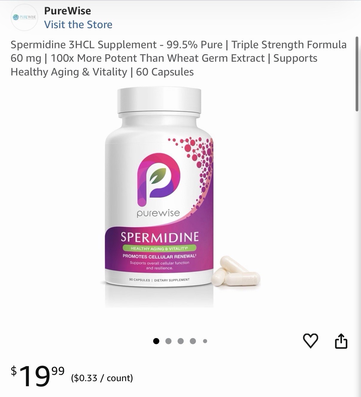 Purewise Spermidine 60mg Caps 60ct Vegan Non-GMO Gluten-Free Soy Free exp 06/27