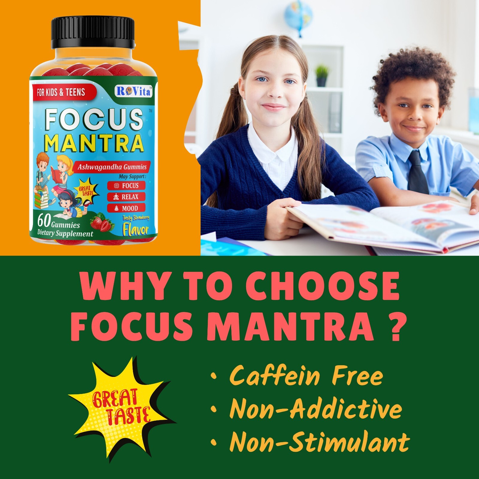 Focus Mantra Ashwagandha Brain Booster Gummies for Kids & Teens -Focus, Mood