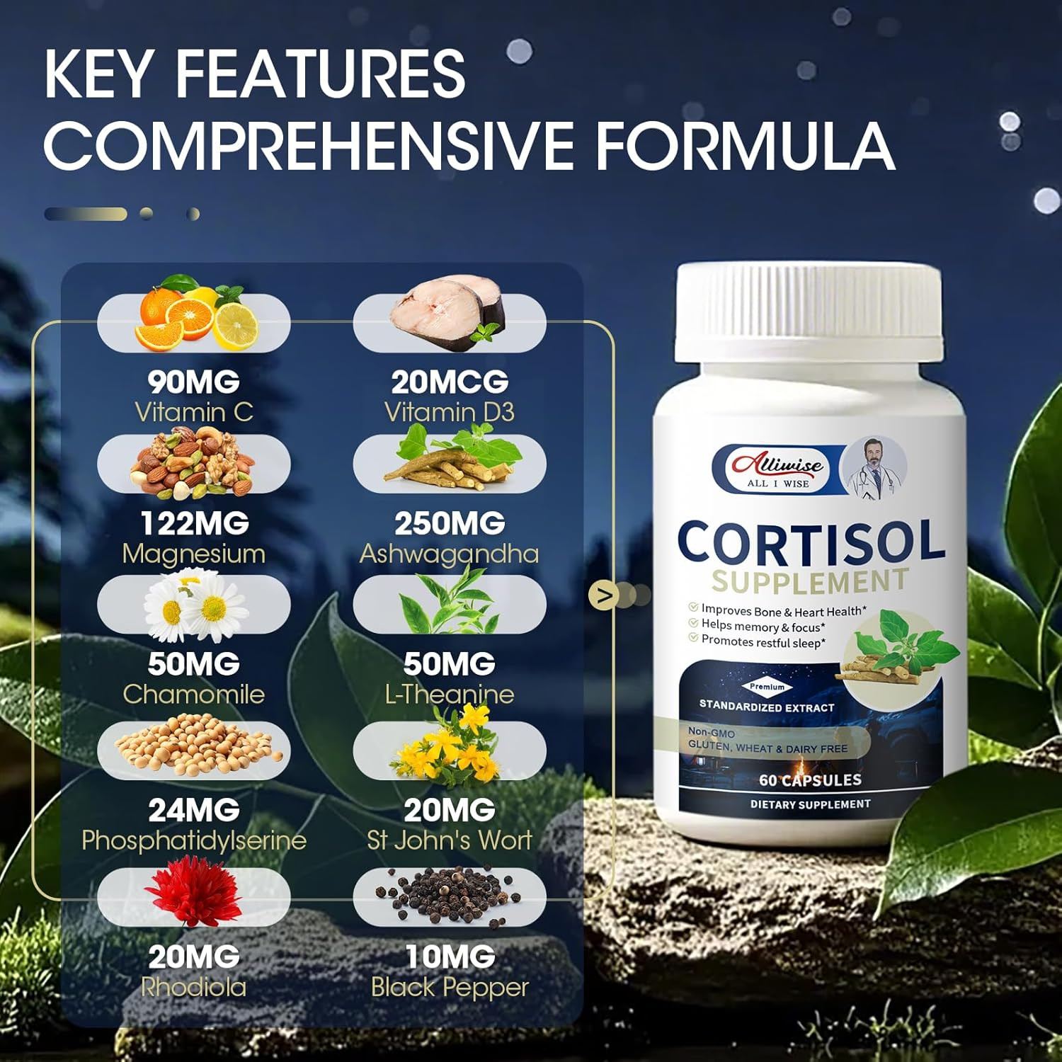 Super Cortisol Supplement Ashwagandha Relieve Stress w/Rhodiola, L-Theanine USA
