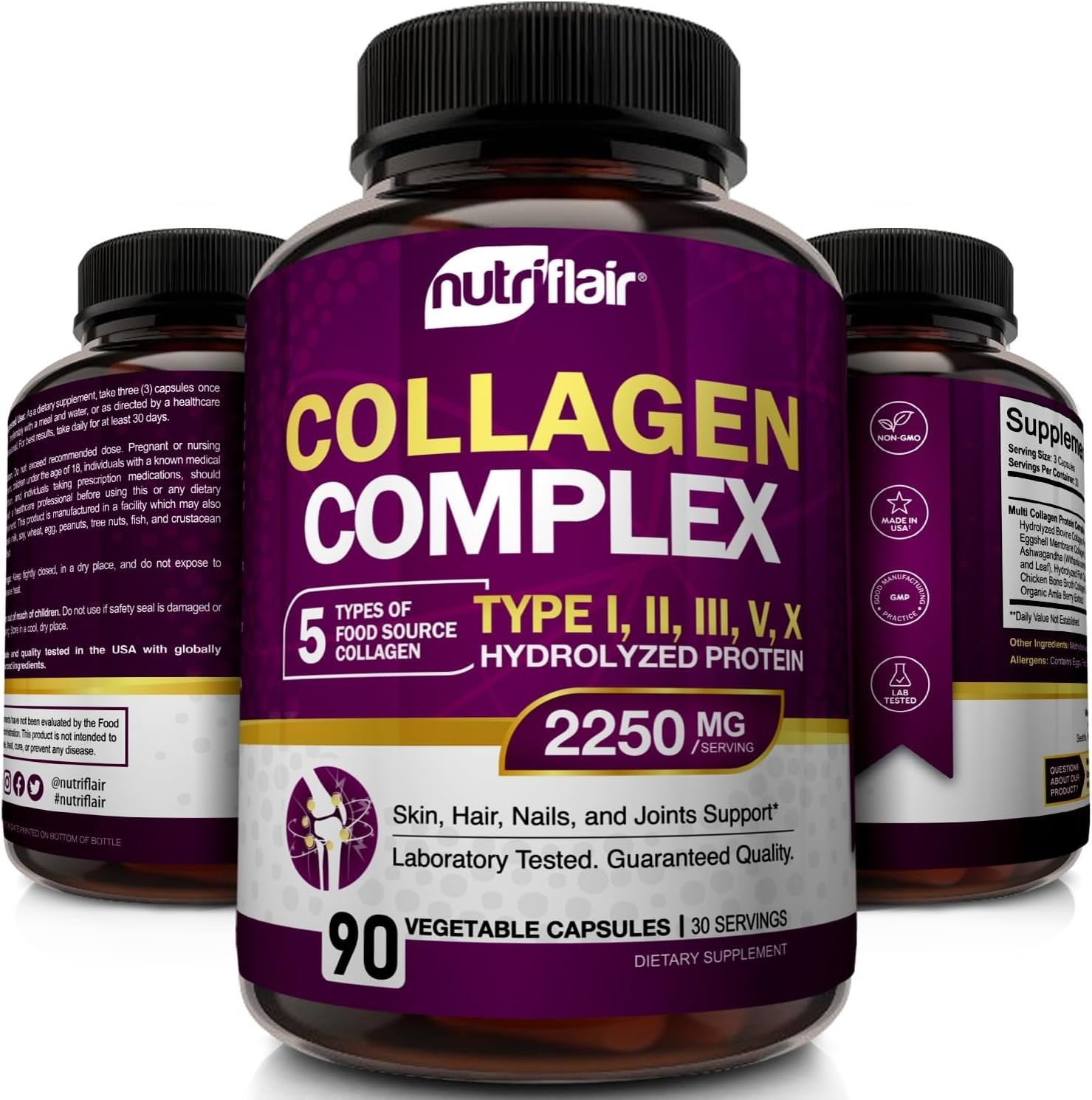 Collagen Supplement, 2250mg, 90 Capsules, Type I II III V X, Unflavored