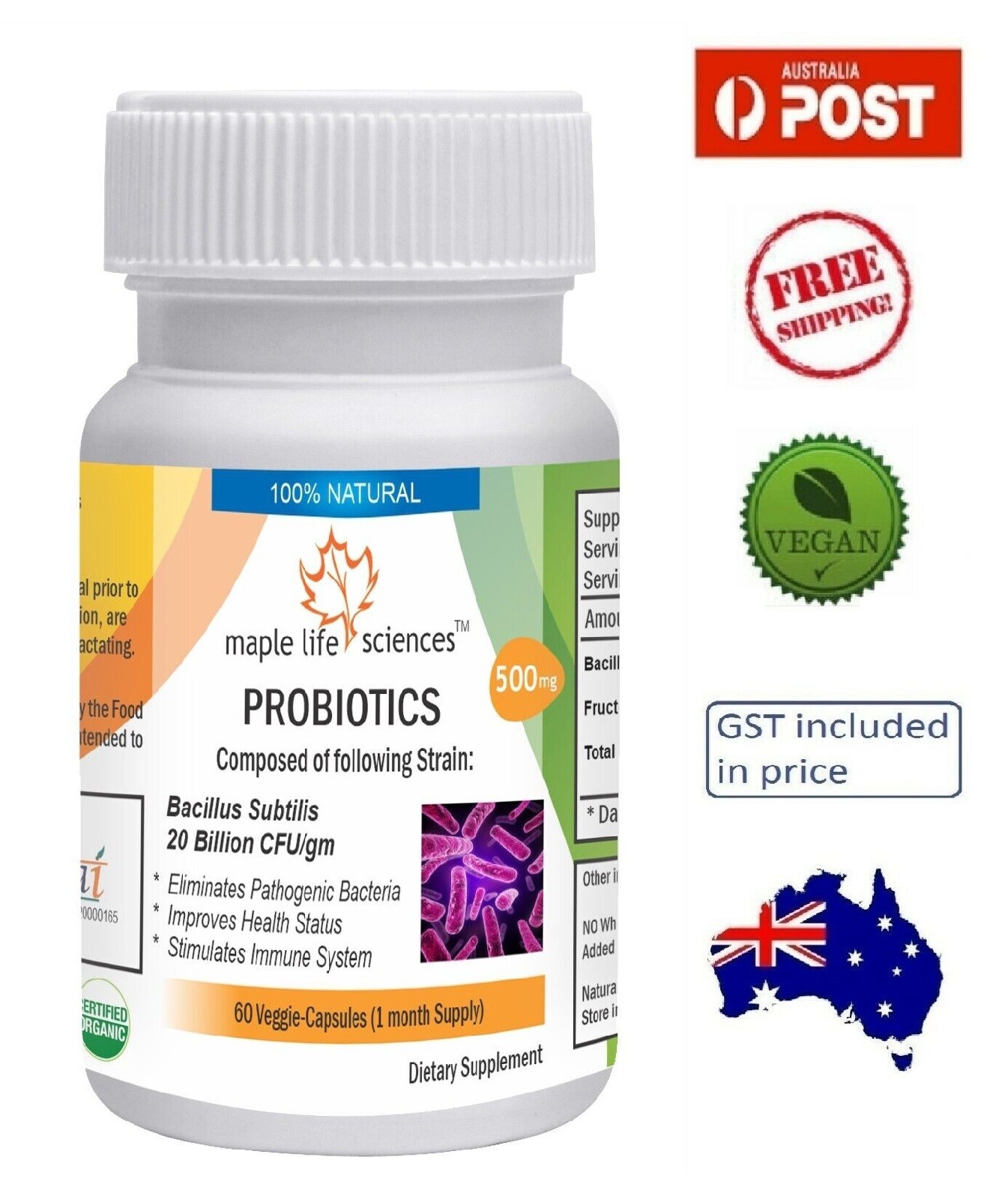 Probiotic Bacillus Subtilis 20 Billion CFU/gm Capsules – 500mg – AU Stock