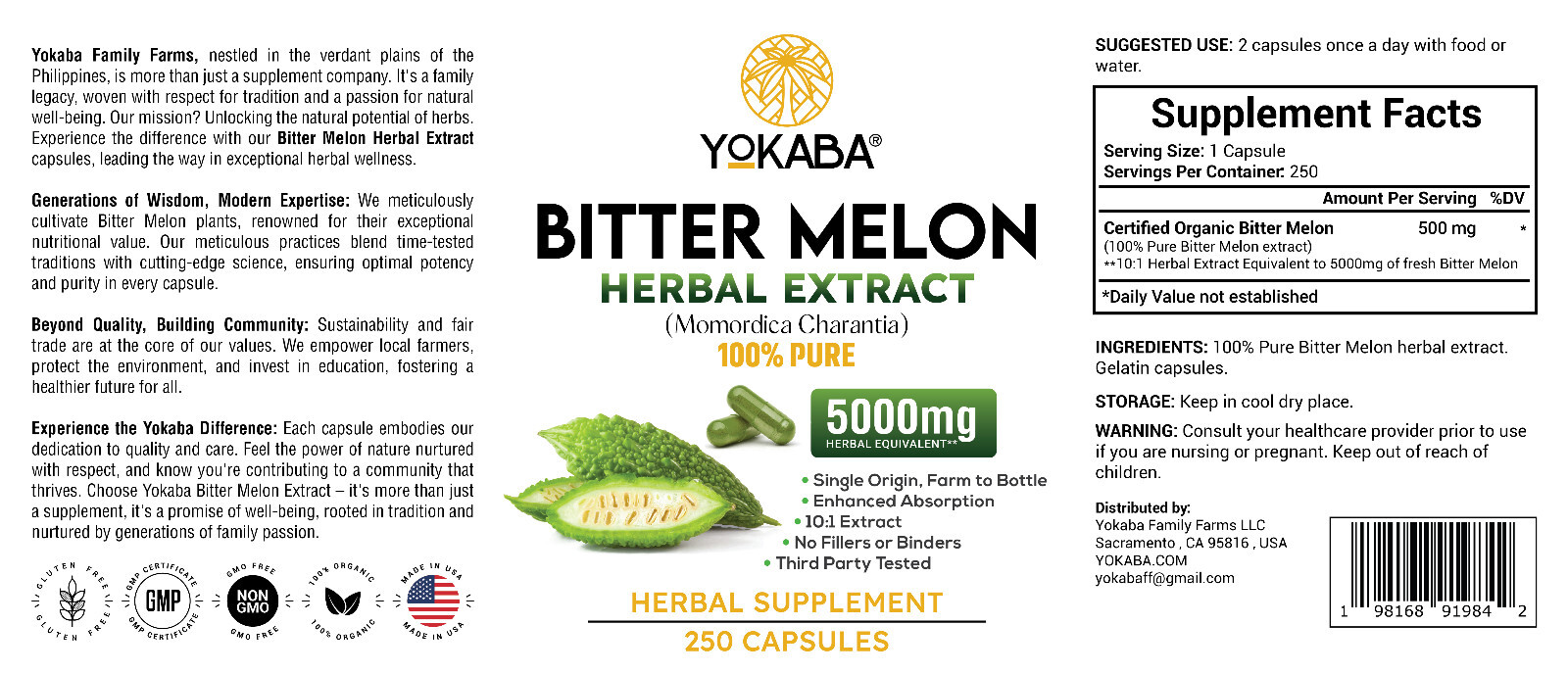 500 Capsules BITTER MELON 5000mg Herbal Extract by YOKABA | Momordica Charantia