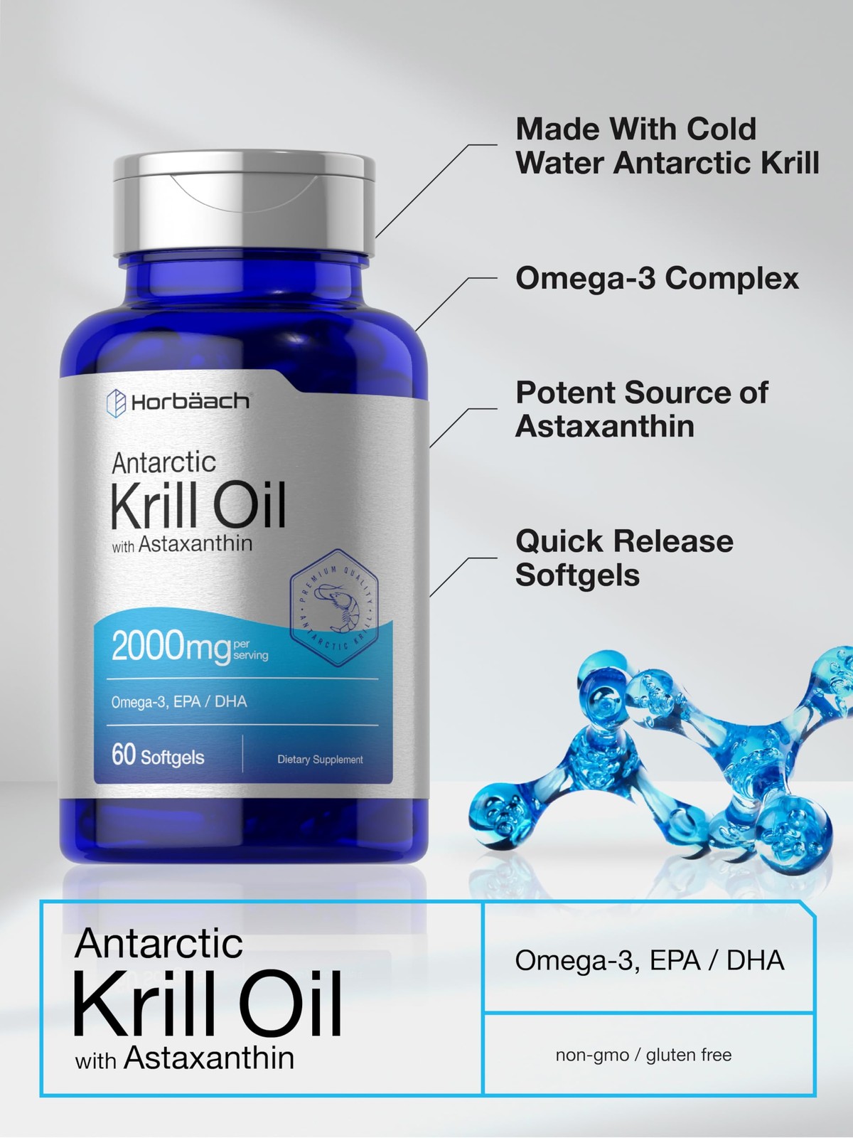 Horbäach Antarctic Krill Oil 2000mg | 60 Softgel 60 Count (Pack of 1)