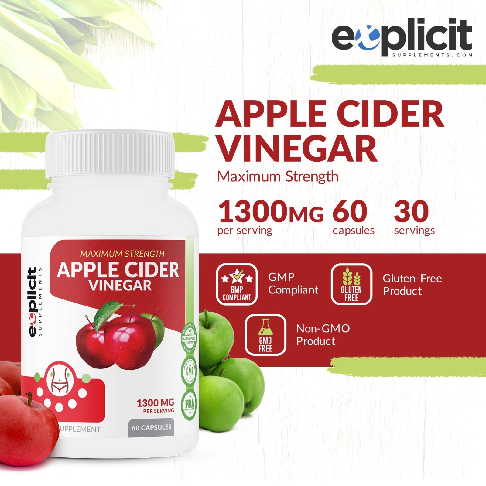 Apple Cider Vinegar Pills – 1300mg for Men & Women – 1 Month