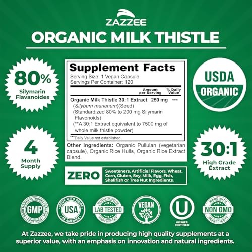 Zazzee Organic Milk Thistle 30:1 Extract 80% Silymarin