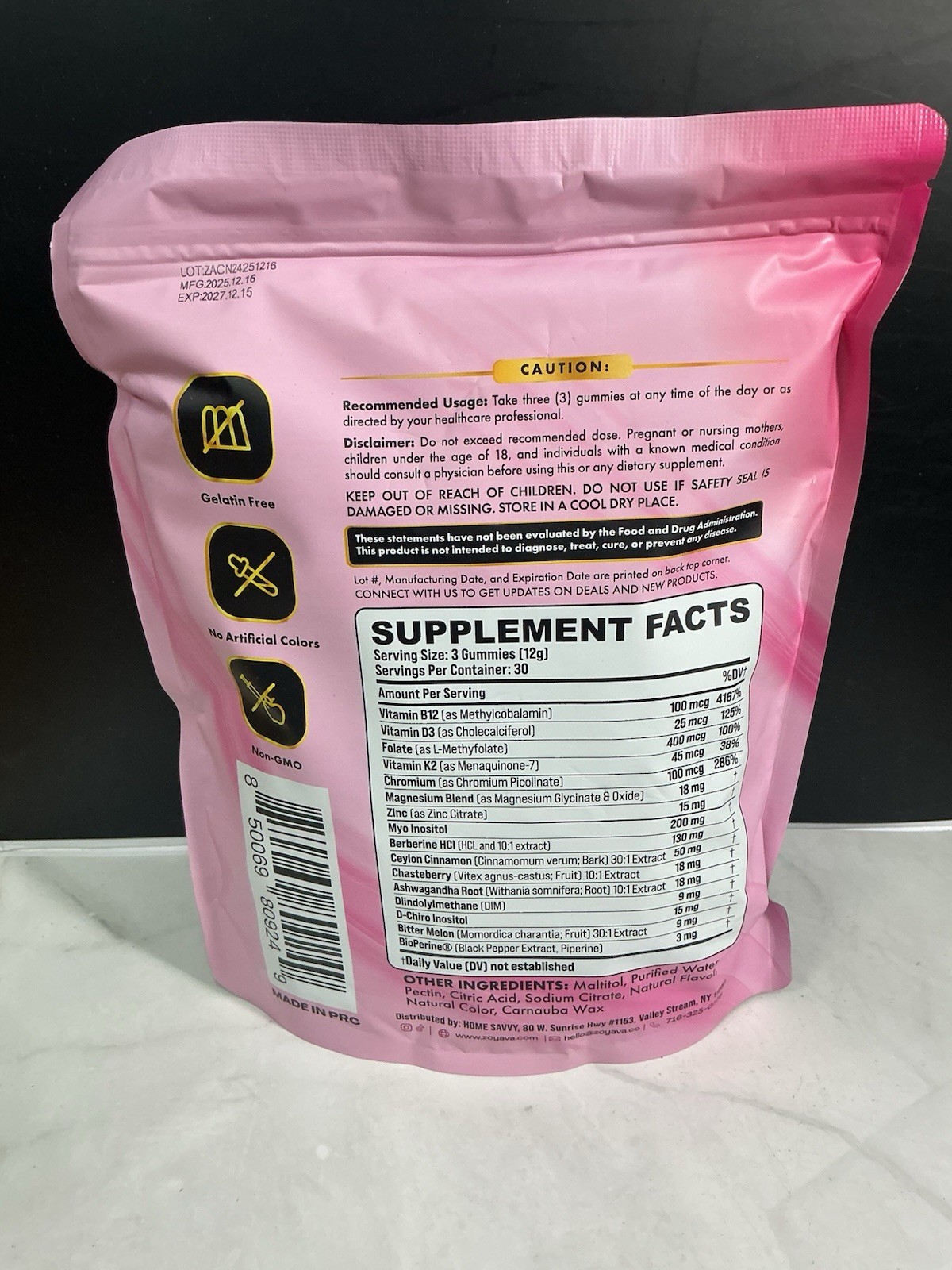 Zoyava Myo-Inositol D-Chiro Inositol Berberine Vitamin D3 K2 Gummies 90 Non-GMO