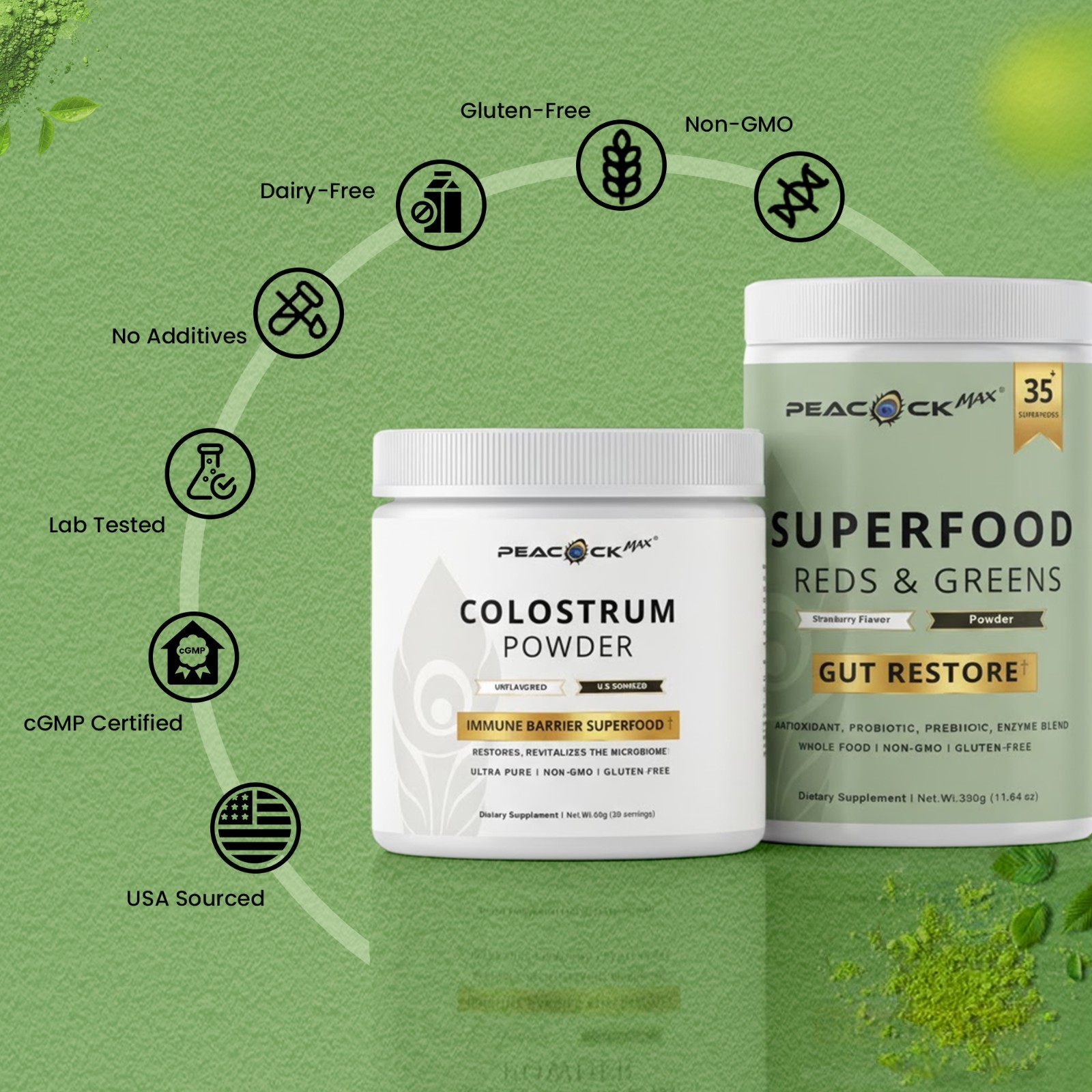 peacock max Superfood Reds & Greens 11.64 oz & Colostrum Powder 60g