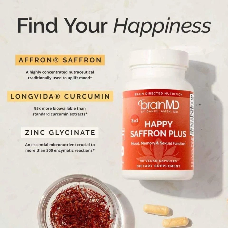 Three PACK BrainMD Happy Saffron Plus with Saffron Flower Extract Curcumin &