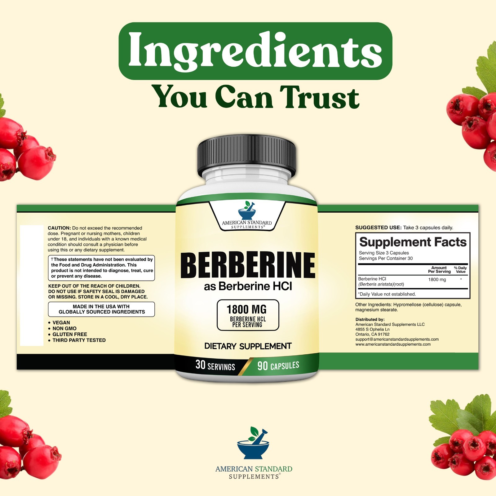 Berberine 1800mg Per Serving, Berberine HCL, 90 Vegan Capsules