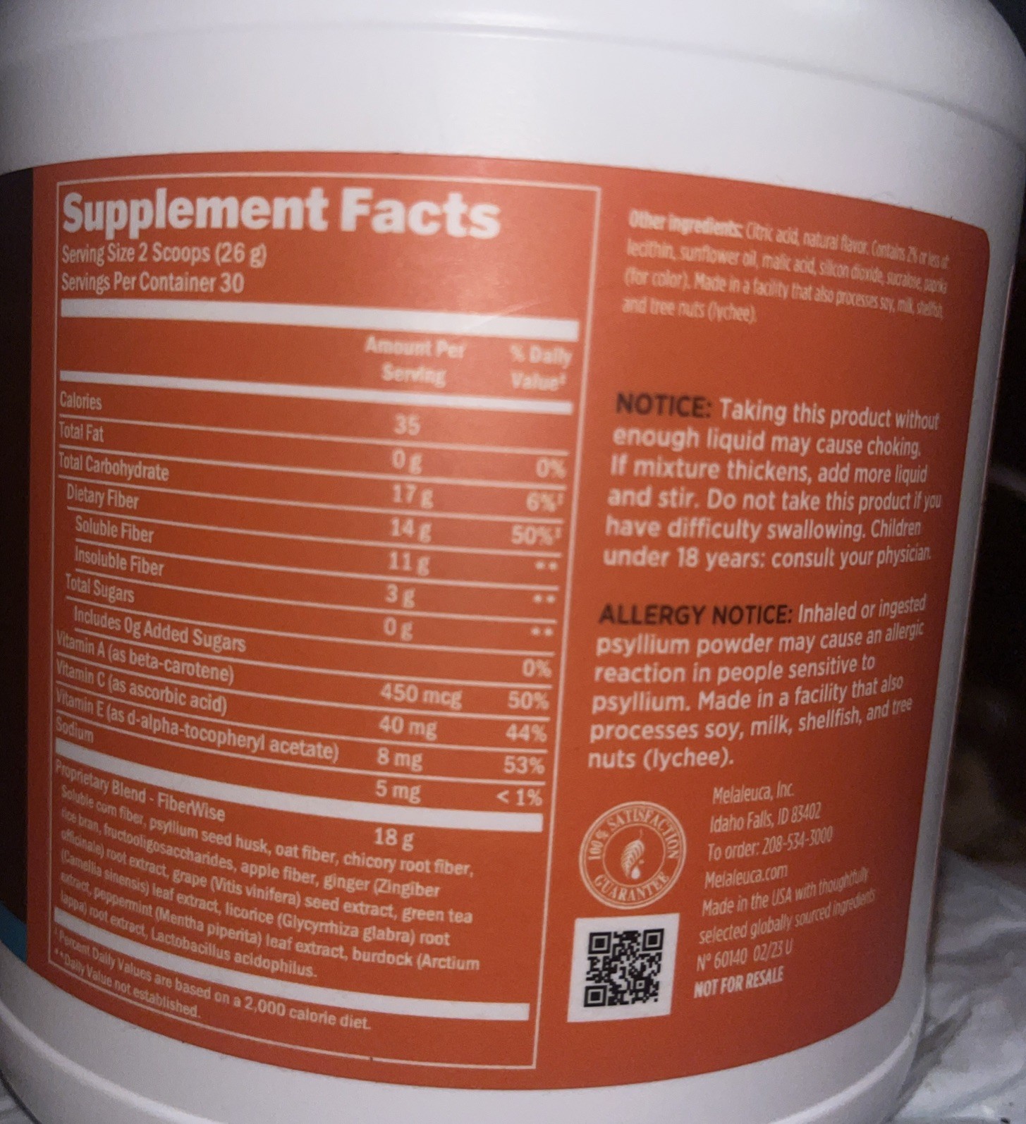 Melaleuca Fiberwise Orange Fiber Drink 30 Servings – New! Best By 07/2026