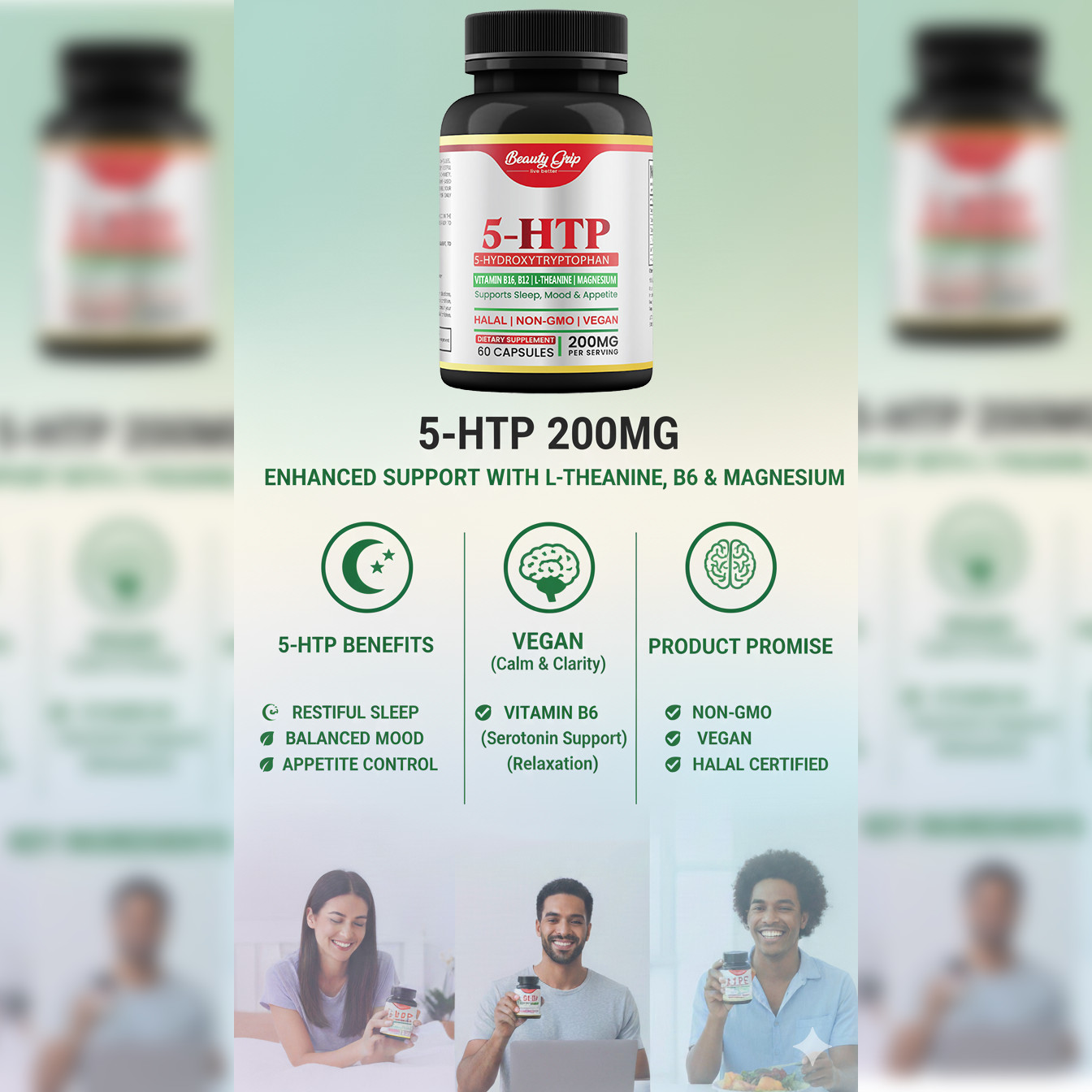5-HTP 200mg with L-Theanine, Vitamin B6, B12 & Magnesium – Vegan, Halal, Non GMO
