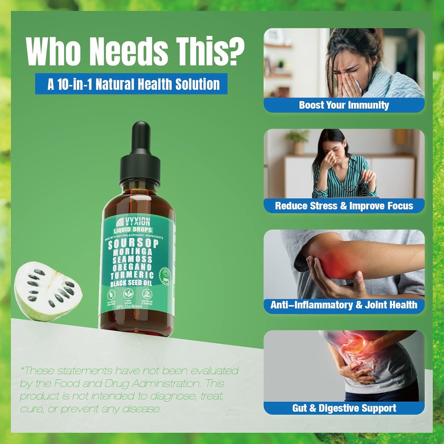 Soursop Bitters Liquid Drops 10 in 1 with Sea Moss, 2 Fl Oz (Pack of 1)