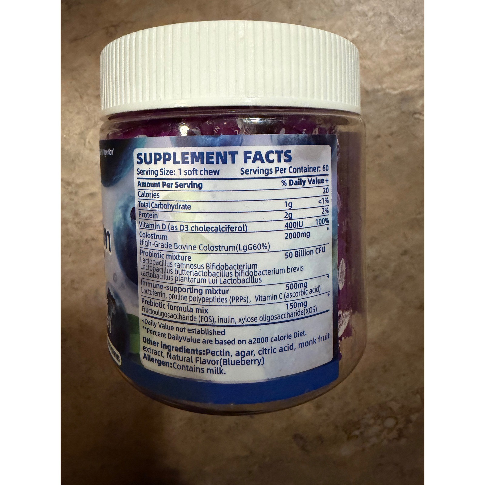 Openovomins Colostrum Chews 2000mg Blueberry Flavor 60 Soft Chews Probiotics